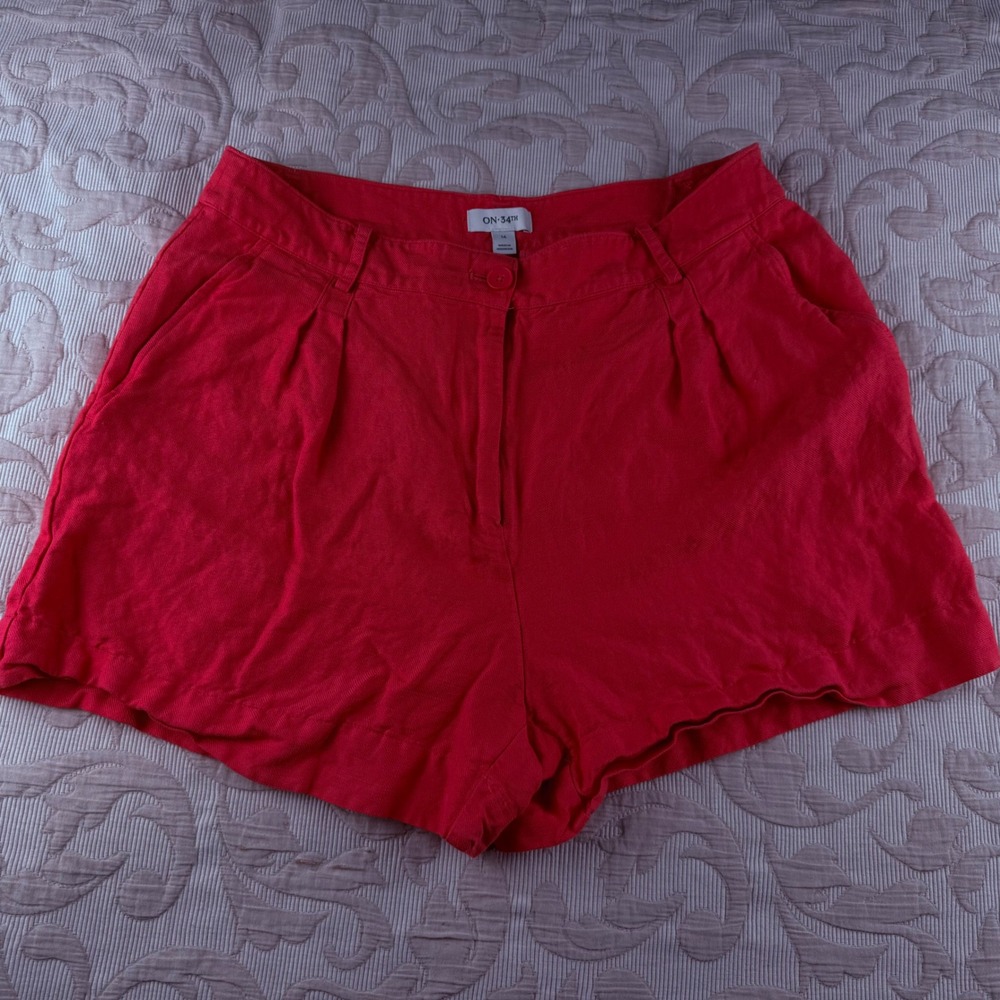 On 34th Women's Orange Linen Blend Pleated High Rise Shorts Size 14
